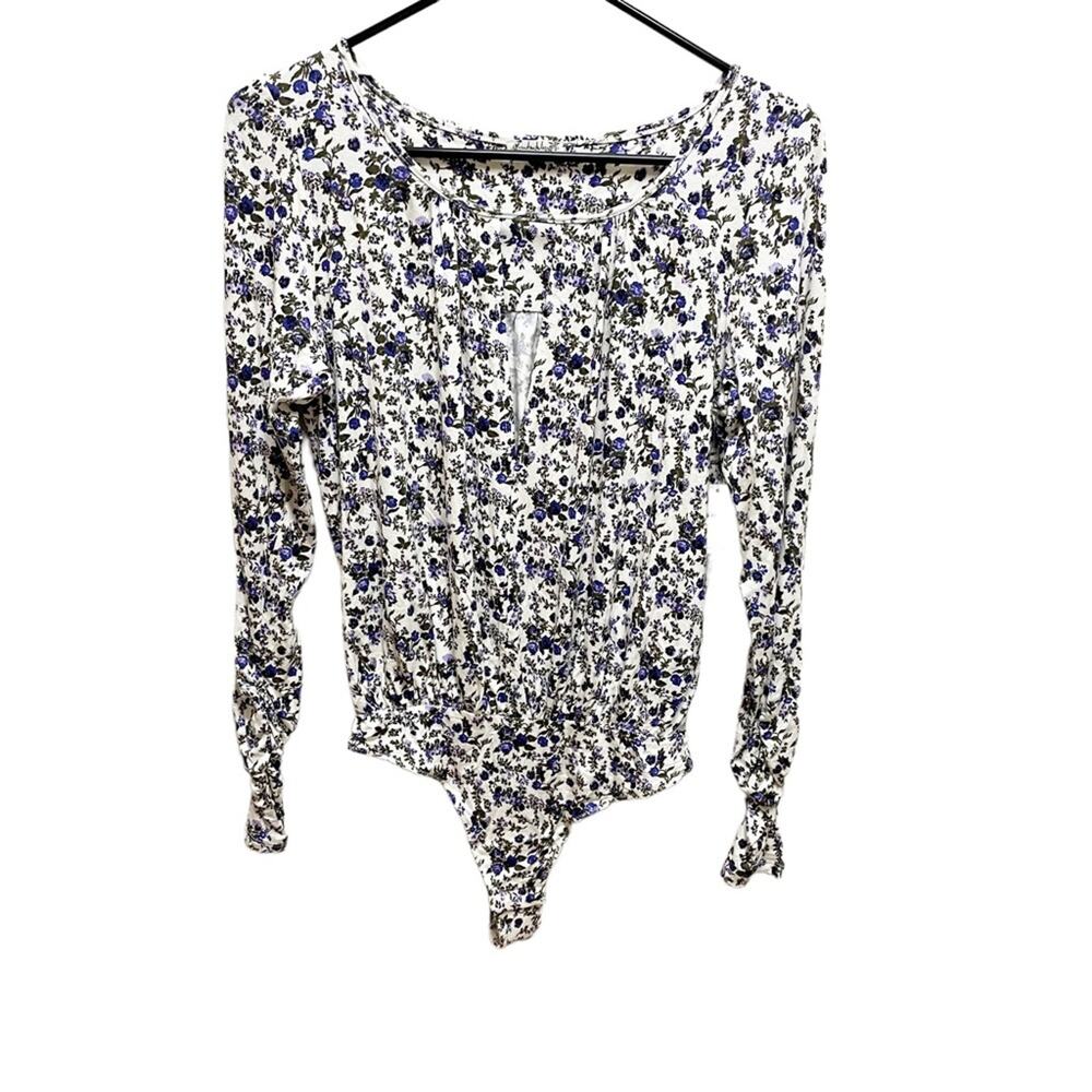 Free People Kaya Ivory Purple Floral Cut Out Long Sleeve Bodysuit XS - Picture 4 of 9